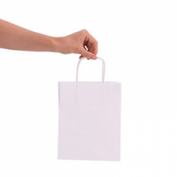 Popierinis maišelis dovanoms 18x8x22,5cm, suktomis rankenomis, baltas, 100g