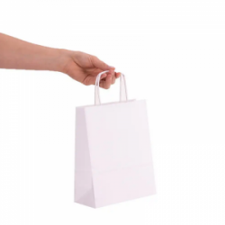 Popierinis maišelis dovanoms 18x8x22,5cm, suktomis rankenomis, baltas, 100g