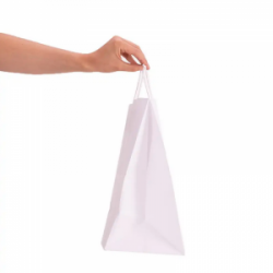 Popierinis maišelis dovanoms 24x10x32cm, suktomis rankenomis, baltas, 100g