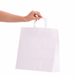 Popierinis maišelis dovanoms 30,5x17x42,5cm, suktomis rankenomis, baltas, 100g